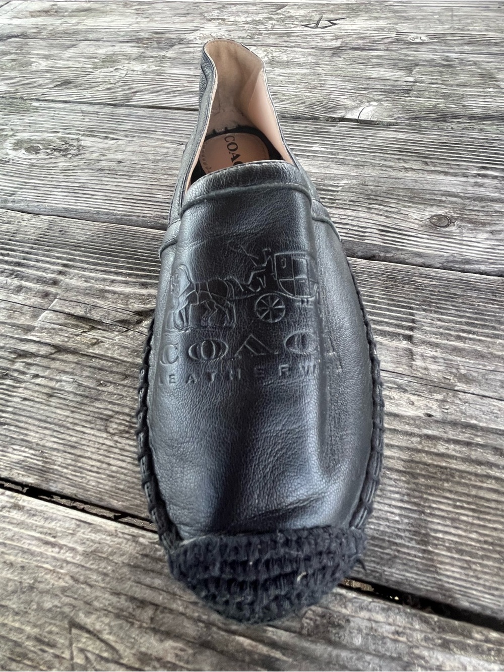 Coach Black Leather Embossed Logo Slip-On espadrilles flat/new sz 6.5